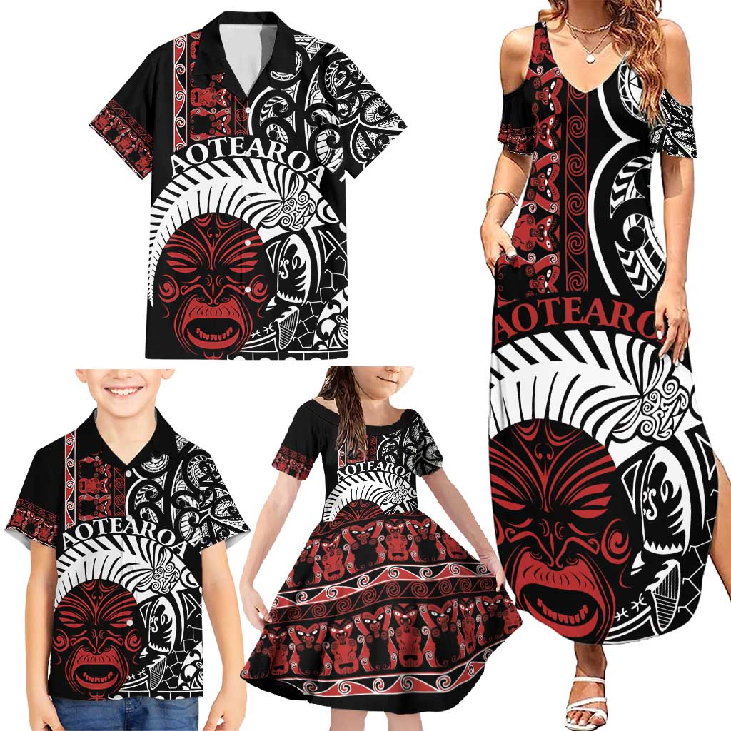 Honour The Treaty New Zealand Personalised Family Matching Summer Maxi Dress and Hawaiian Shirt Toitu Te Tiriti Indigenous Maori Face LT9 - Polynesian Pride