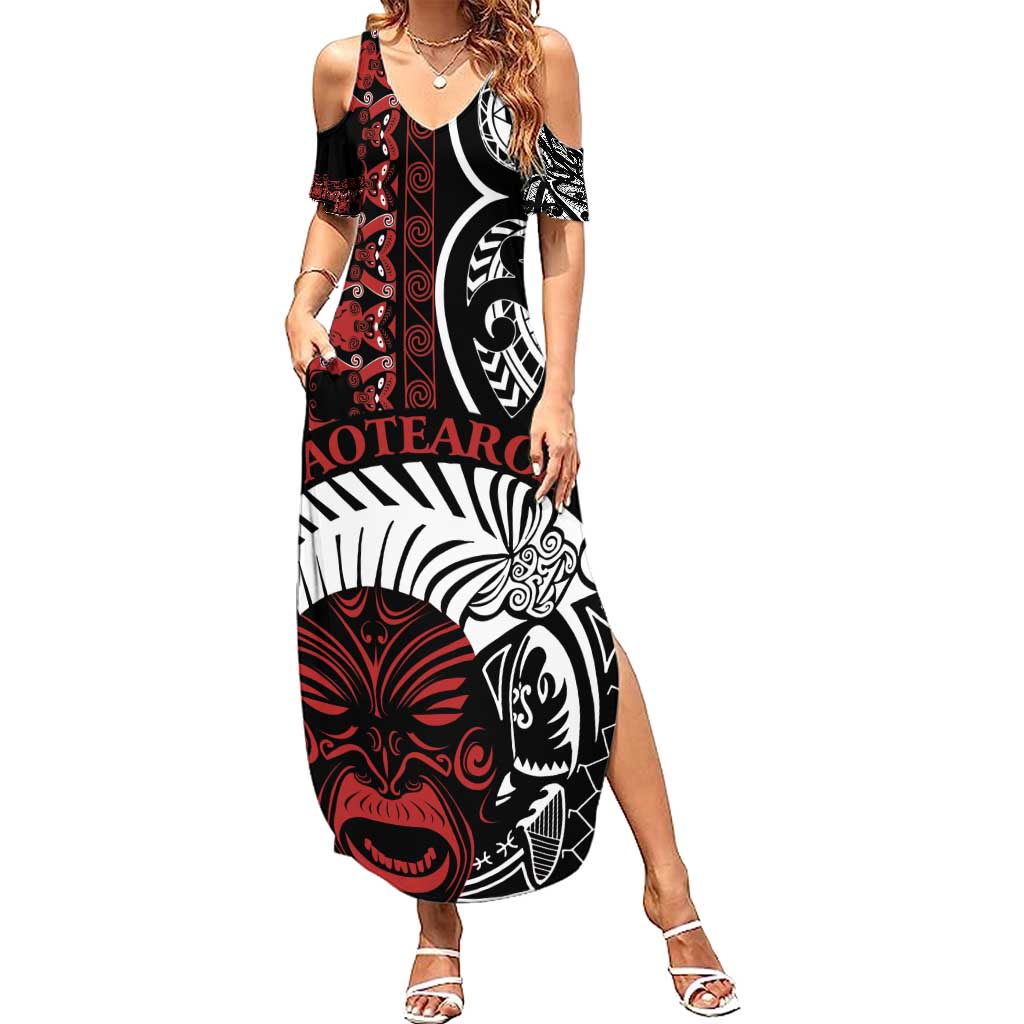Honour The Treaty New Zealand Personalised Family Matching Summer Maxi Dress and Hawaiian Shirt Toitu Te Tiriti Indigenous Maori Face LT9 Mom's Dress Black - Polynesian Pride