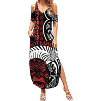 Honour The Treaty New Zealand Personalised Family Matching Summer Maxi Dress and Hawaiian Shirt Toitu Te Tiriti Indigenous Maori Face LT9 Mom's Dress Black - Polynesian Pride