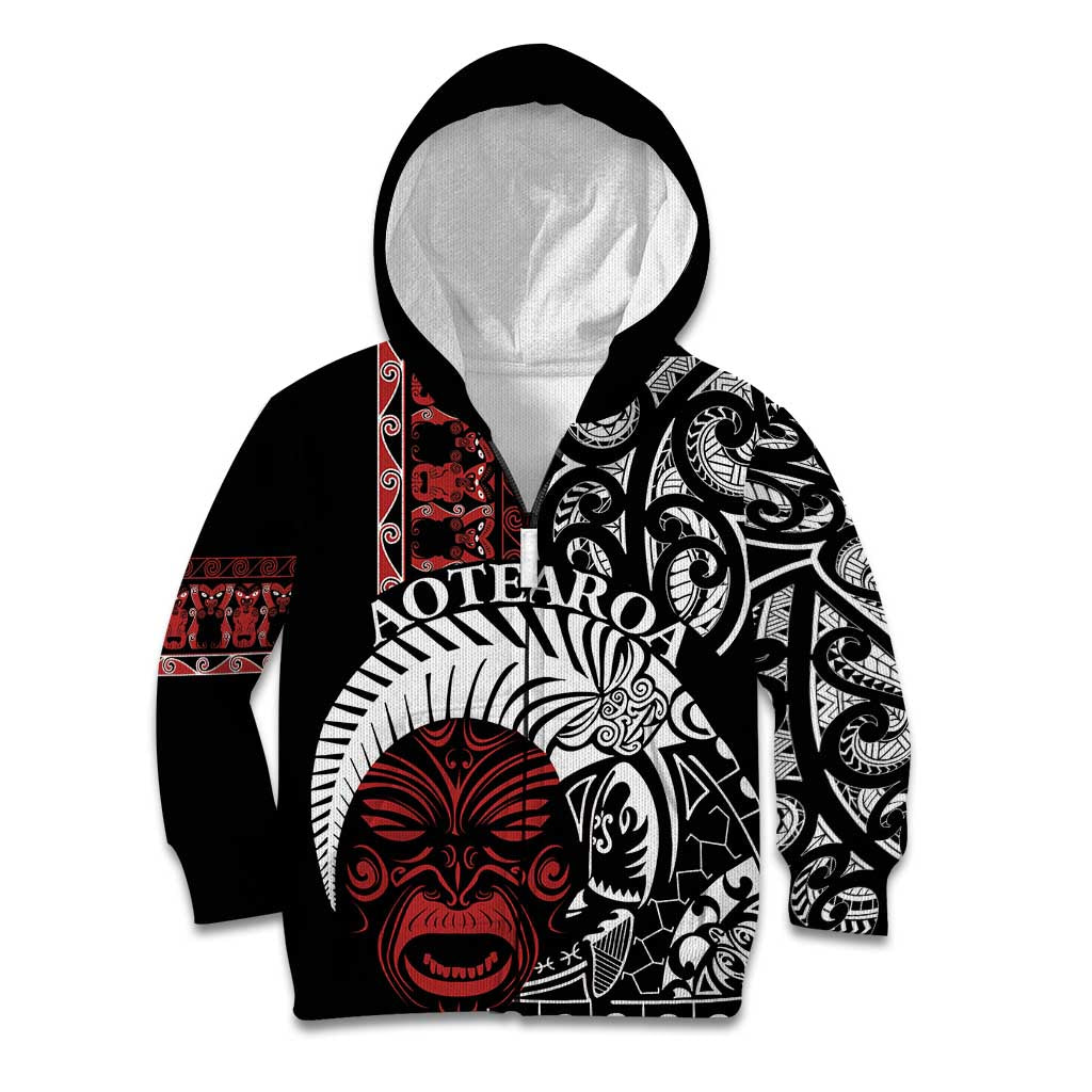 Honour The Treaty New Zealand Personalised Kid Hoodie Toitu Te Tiriti Indigenous Maori Face LT9 Zip Hoodie Black - Polynesian Pride