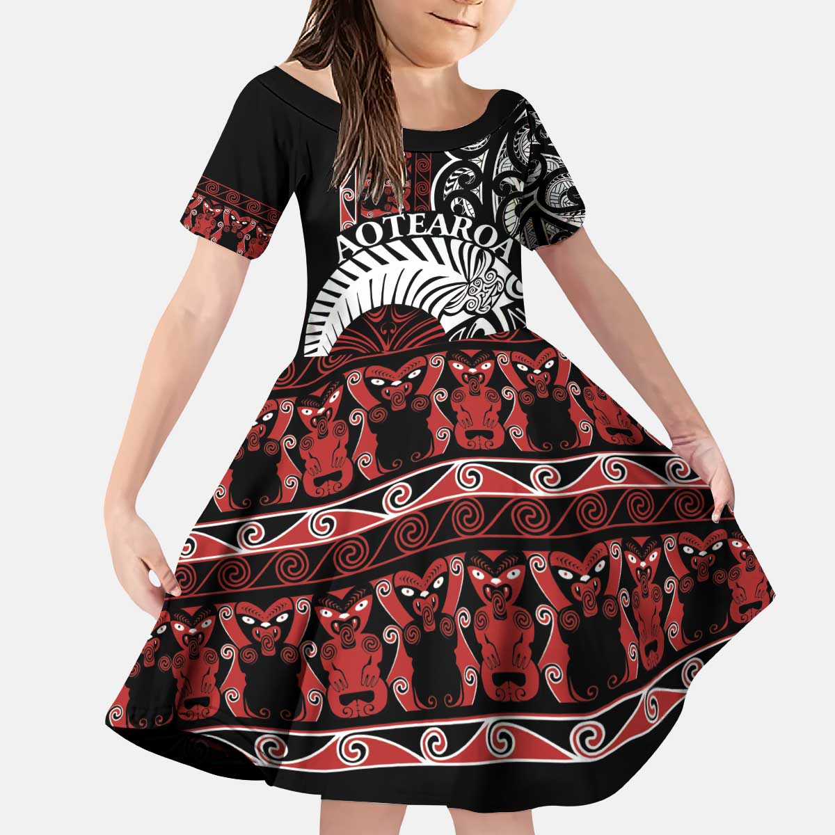 Honour The Treaty New Zealand Personalised Kid Short Sleeve Dress Toitu Te Tiriti Indigenous Maori Face LT9 KID Black - Polynesian Pride