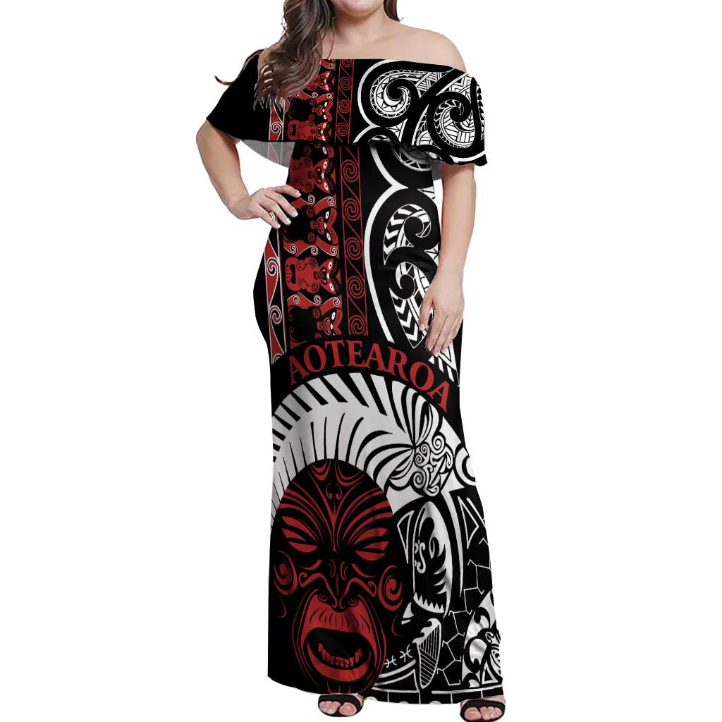 Honour The Treaty New Zealand Personalised Off Shoulder Maxi Dress Toitu Te Tiriti Indigenous Maori Face LT9 Women Black - Polynesian Pride