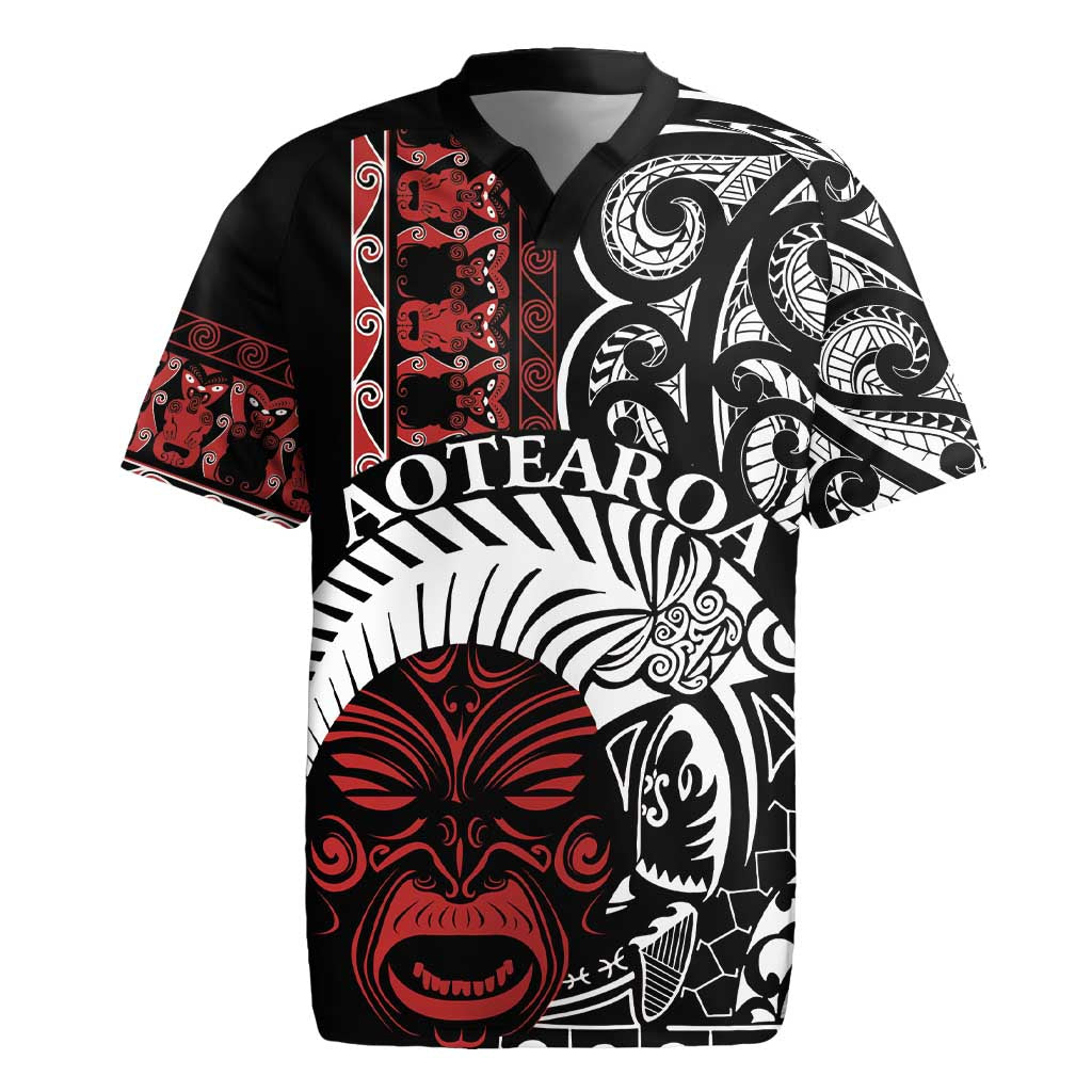 Honour The Treaty New Zealand Personalised Rugby Jersey Toitu Te Tiriti Indigenous Maori Face LT9 Black - Polynesian Pride