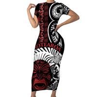 Honour The Treaty New Zealand Personalised Short Sleeve Bodycon Dress Toitu Te Tiriti Indigenous Maori Face LT9 Long Dress Black - Polynesian Pride