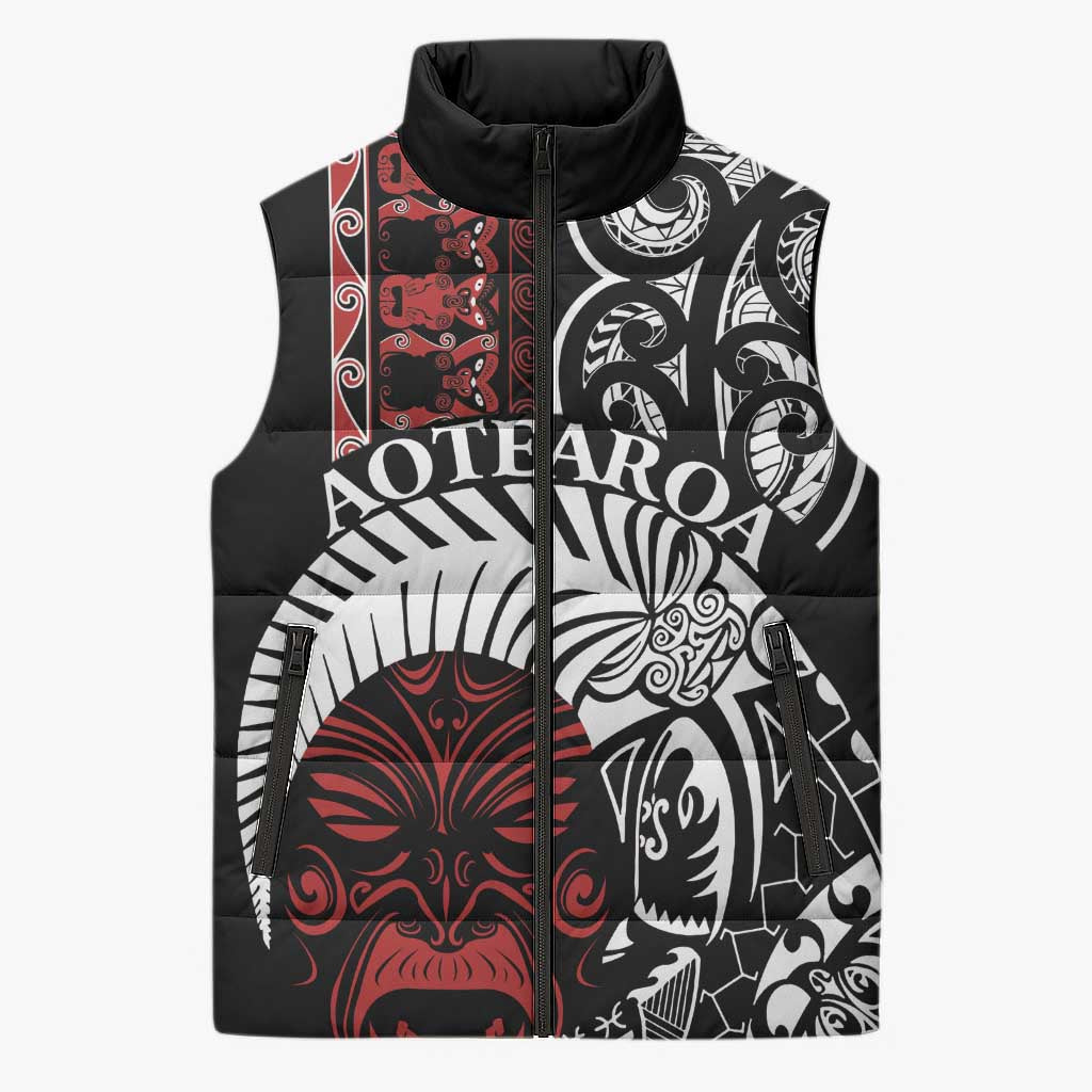 Honour The Treaty New Zealand Personalised Sleeveless Puffer Jacket Toitu Te Tiriti Indigenous Maori Face LT9 Unisex Red - Polynesian Pride