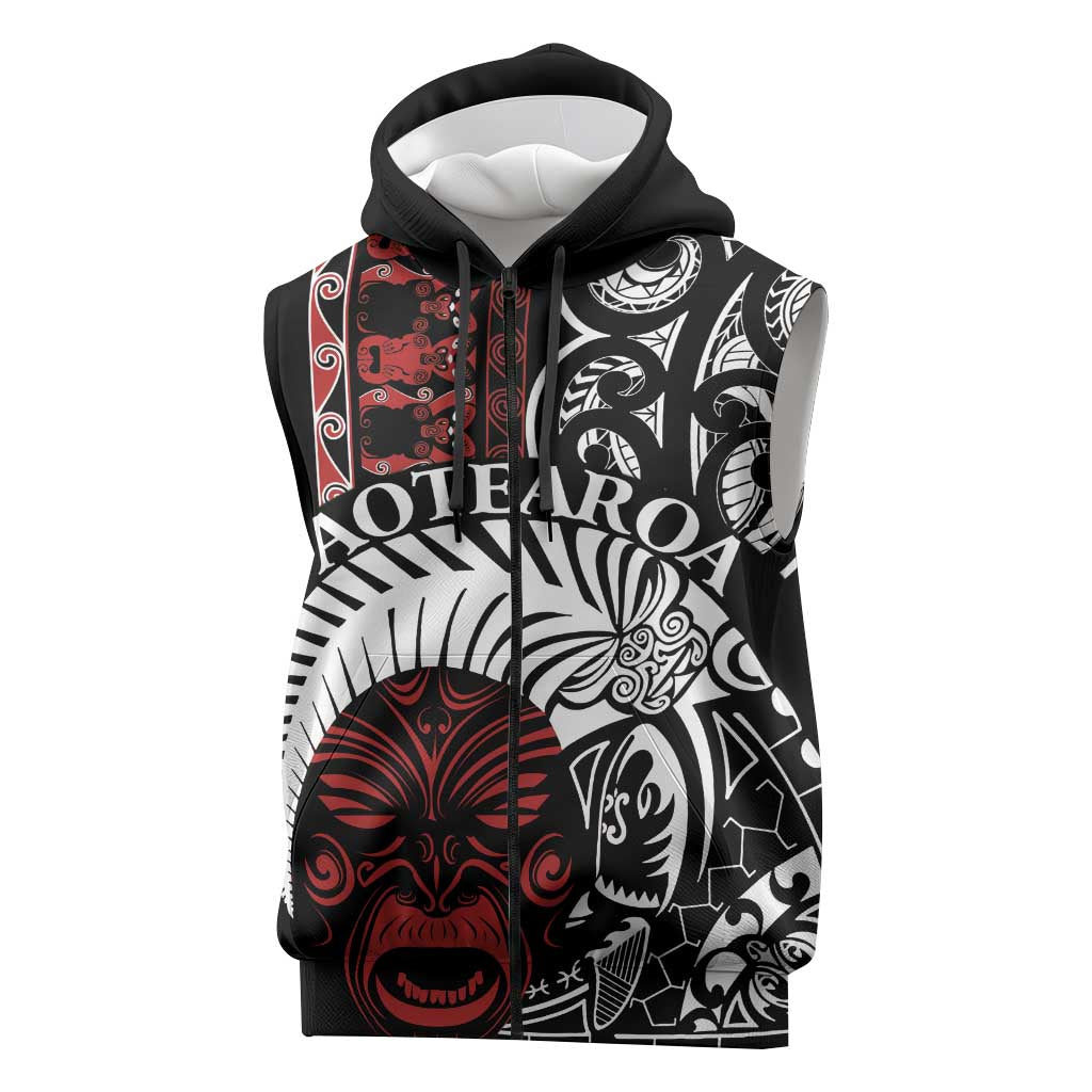 Honour The Treaty New Zealand Personalised Sleeveless Zip Hoodie Toitu Te Tiriti Indigenous Maori Face LT9 Red - Polynesian Pride