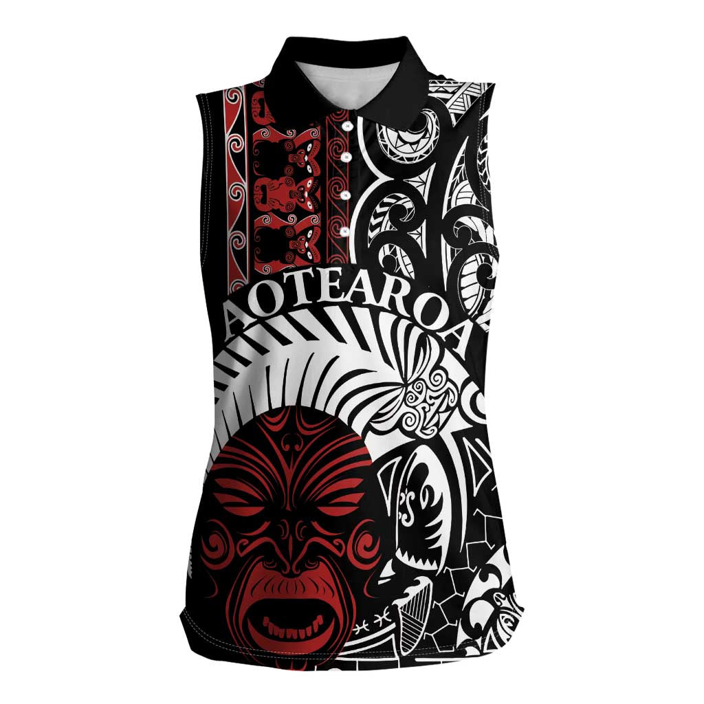 Honour The Treaty New Zealand Personalised Women Sleeveless Polo Shirt Toitu Te Tiriti Indigenous Maori Face LT9 Female Black - Polynesian Pride