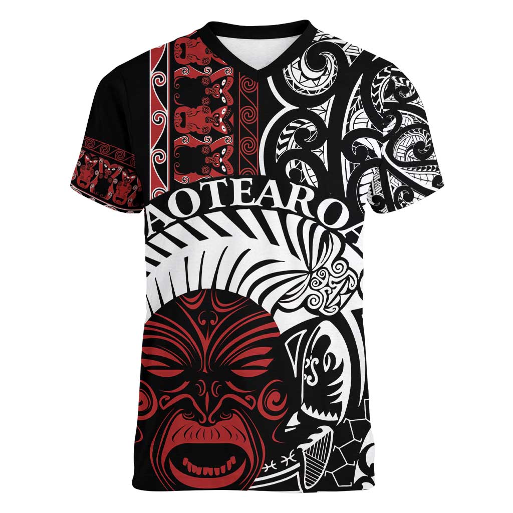 Honour The Treaty New Zealand Personalised Women V-Neck T-Shirt Toitu Te Tiriti Indigenous Maori Face LT9 Female Black - Polynesian Pride