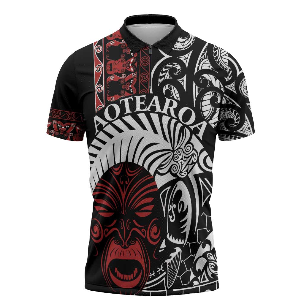 Honour The Treaty New Zealand Personalised Zipper Polo Shirt Toitu Te Tiriti Indigenous Maori Face LT9 Red - Polynesian Pride