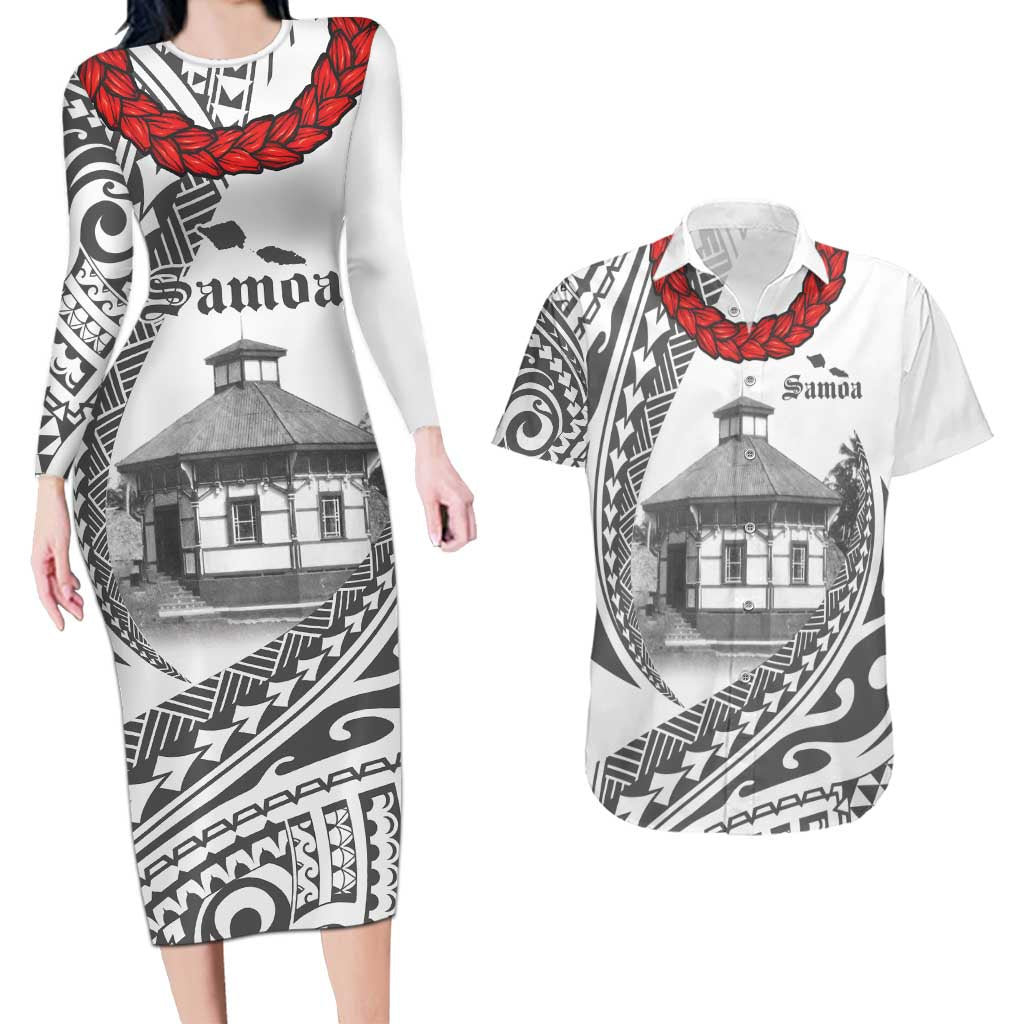 Samoa Mau Movement House Personalised Couples Matching Long Sleeve Bodycon Dress and Hawaiian Shirt Fa'a Samoa The Samoan Way LT9 White - Polynesian Pride