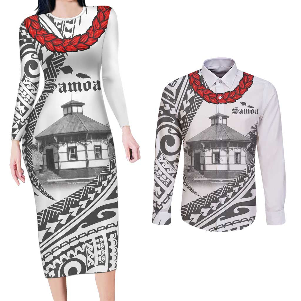 Samoa Mau Movement House Personalised Couples Matching Long Sleeve Bodycon Dress and Long Sleeve Button Shirt Fa'a Samoa The Samoan Way LT9 White - Polynesian Pride