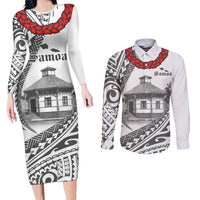 Samoa Mau Movement House Personalised Couples Matching Long Sleeve Bodycon Dress and Long Sleeve Button Shirt Fa'a Samoa The Samoan Way LT9 White - Polynesian Pride