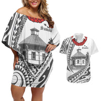 Samoa Mau Movement House Personalised Couples Matching Off Shoulder Short Dress and Hawaiian Shirt Fa'a Samoa The Samoan Way LT9 White - Polynesian Pride