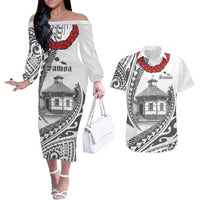 Samoa Mau Movement House Personalised Couples Matching Off The Shoulder Long Sleeve Dress and Hawaiian Shirt Fa'a Samoa The Samoan Way LT9 White - Polynesian Pride