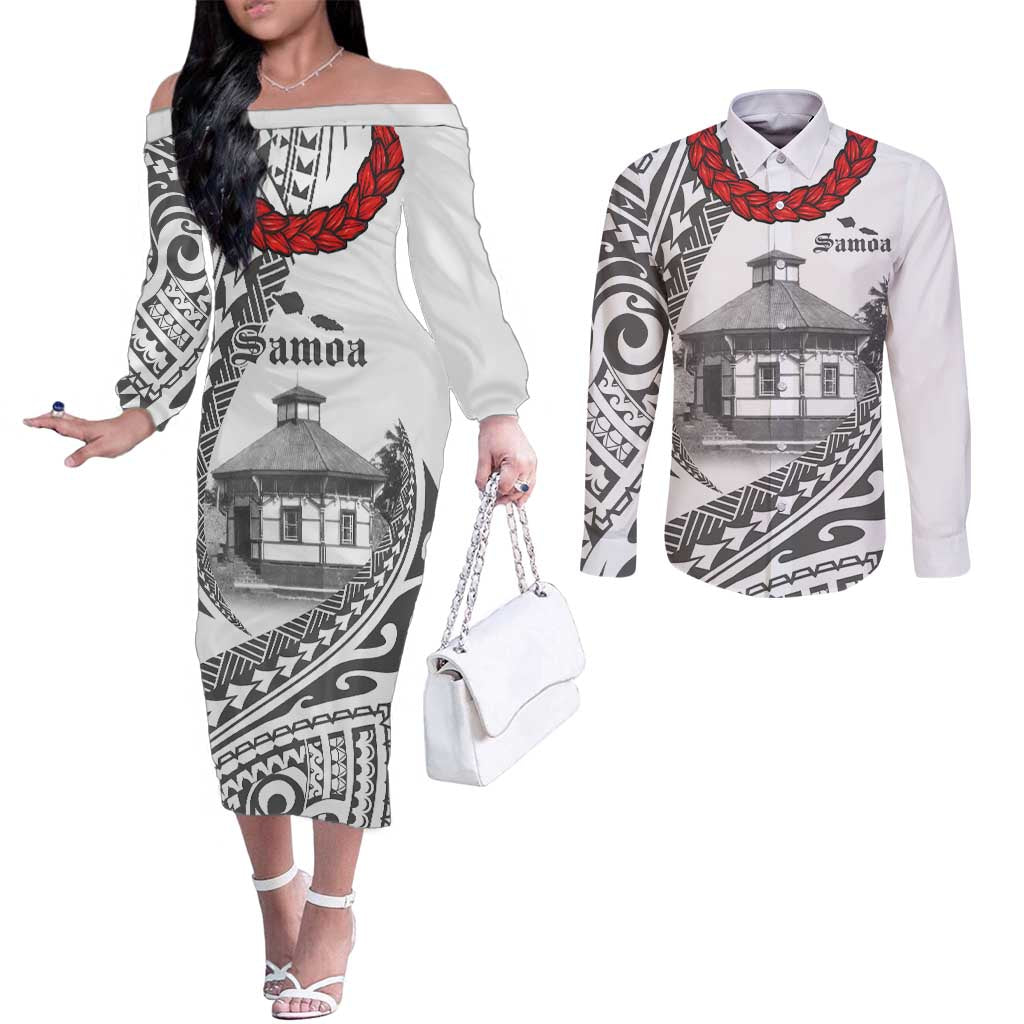 Samoa Mau Movement House Personalised Couples Matching Off The Shoulder Long Sleeve Dress and Long Sleeve Button Shirt Fa'a Samoa The Samoan Way LT9 White - Polynesian Pride