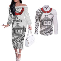 Samoa Mau Movement House Personalised Couples Matching Off The Shoulder Long Sleeve Dress and Long Sleeve Button Shirt Fa'a Samoa The Samoan Way LT9 White - Polynesian Pride