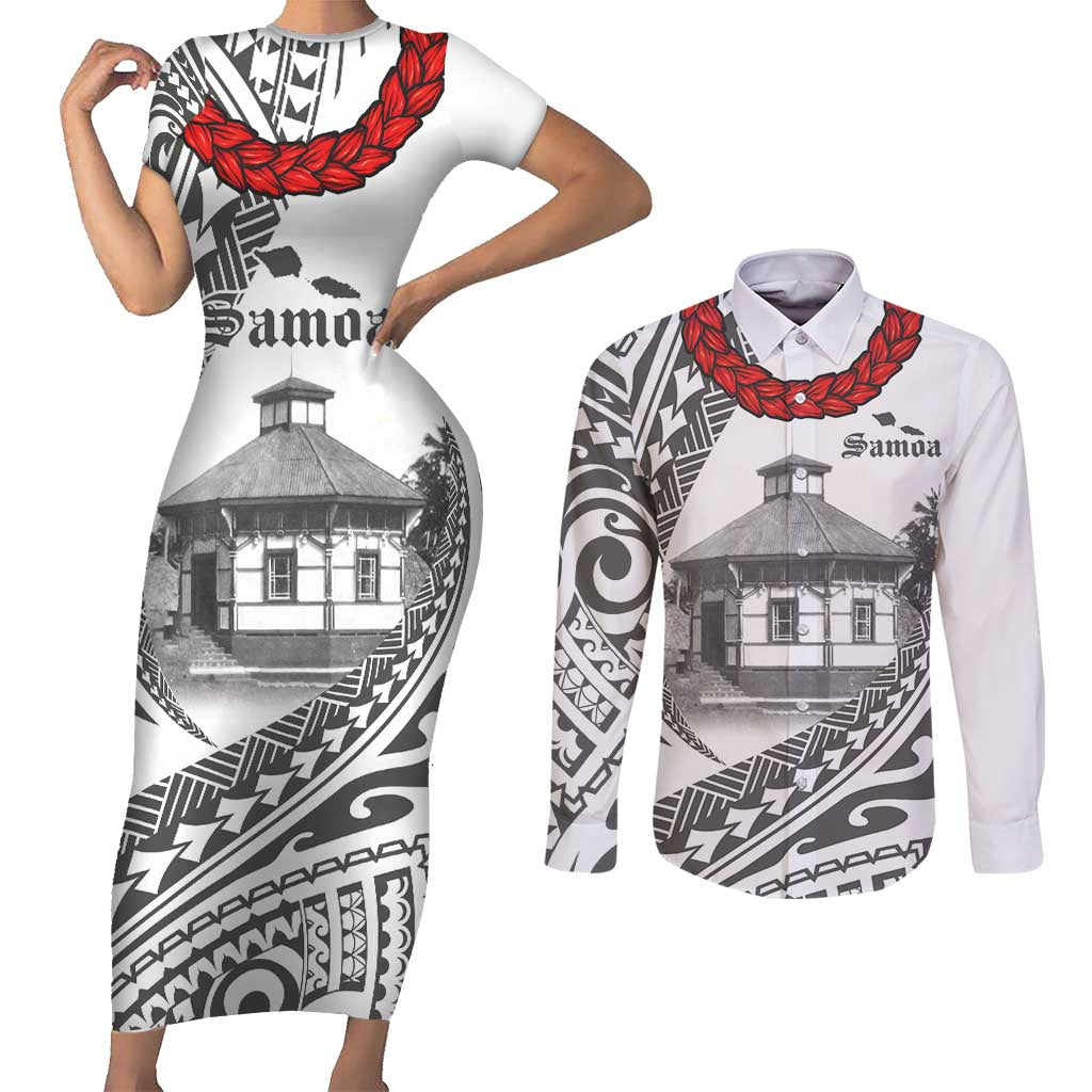 Samoa Mau Movement House Personalised Couples Matching Short Sleeve Bodycon Dress and Long Sleeve Button Shirt Fa'a Samoa The Samoan Way LT9 White - Polynesian Pride
