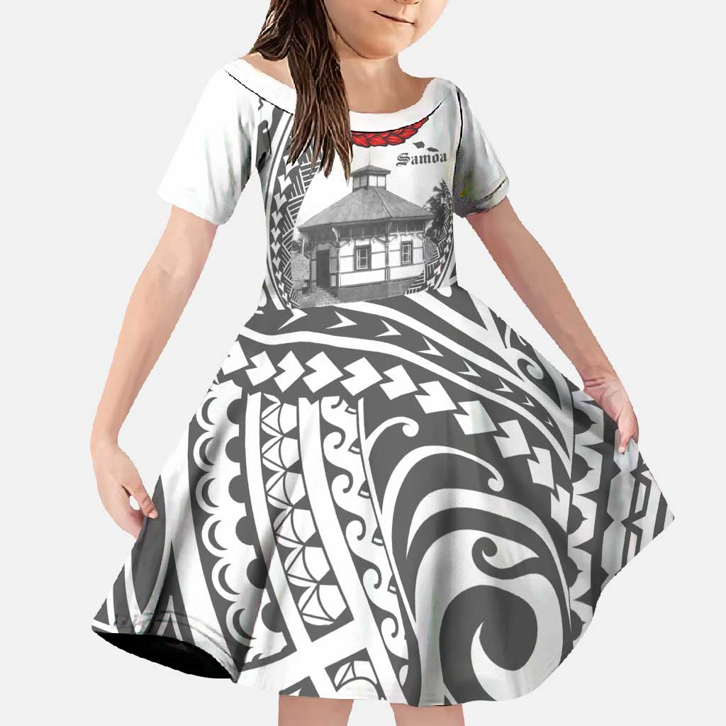 Samoa Mau Movement House Personalised Family Matching Off Shoulder Maxi Dress and Hawaiian Shirt Fa'a Samoa The Samoan Way LT9 Daughter's Dress White - Polynesian Pride