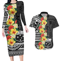 Samoa Tribal Hibiscus Flowers Couples Matching Long Sleeve Bodycon Dress and Hawaiian Shirt LT9 Black - Polynesian Pride