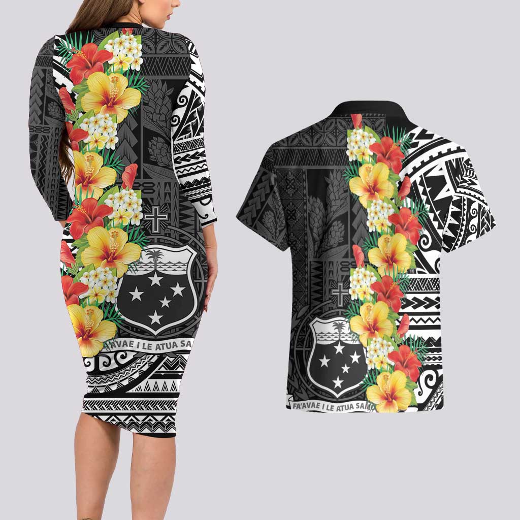 Samoa Tribal Hibiscus Flowers Couples Matching Long Sleeve Bodycon Dress and Hawaiian Shirt LT9 - Polynesian Pride