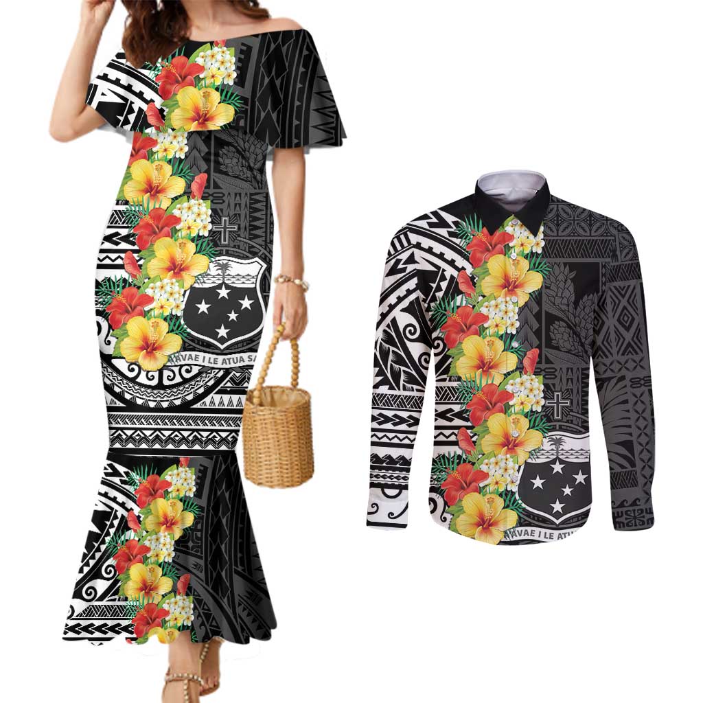 Samoa Tribal Hibiscus Flowers Couples Matching Mermaid Dress and Long Sleeve Button Shirt