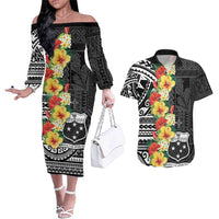 Samoa Tribal Hibiscus Flowers Couples Matching Off The Shoulder Long Sleeve Dress and Hawaiian Shirt LT9 Black - Polynesian Pride