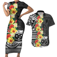 Samoa Tribal Hibiscus Flowers Couples Matching Short Sleeve Bodycon Dress and Hawaiian Shirt LT9 Black - Polynesian Pride