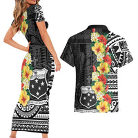 Samoa Tribal Hibiscus Flowers Couples Matching Short Sleeve Bodycon Dress and Hawaiian Shirt LT9 - Polynesian Pride