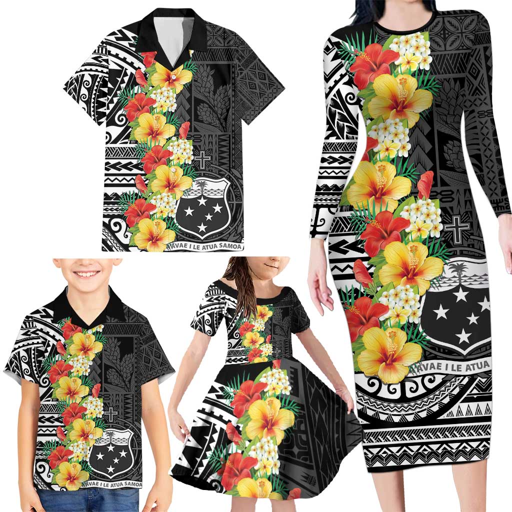 Samoa Tribal Hibiscus Flowers Family Matching Long Sleeve Bodycon Dress and Hawaiian Shirt LT9 - Polynesian Pride