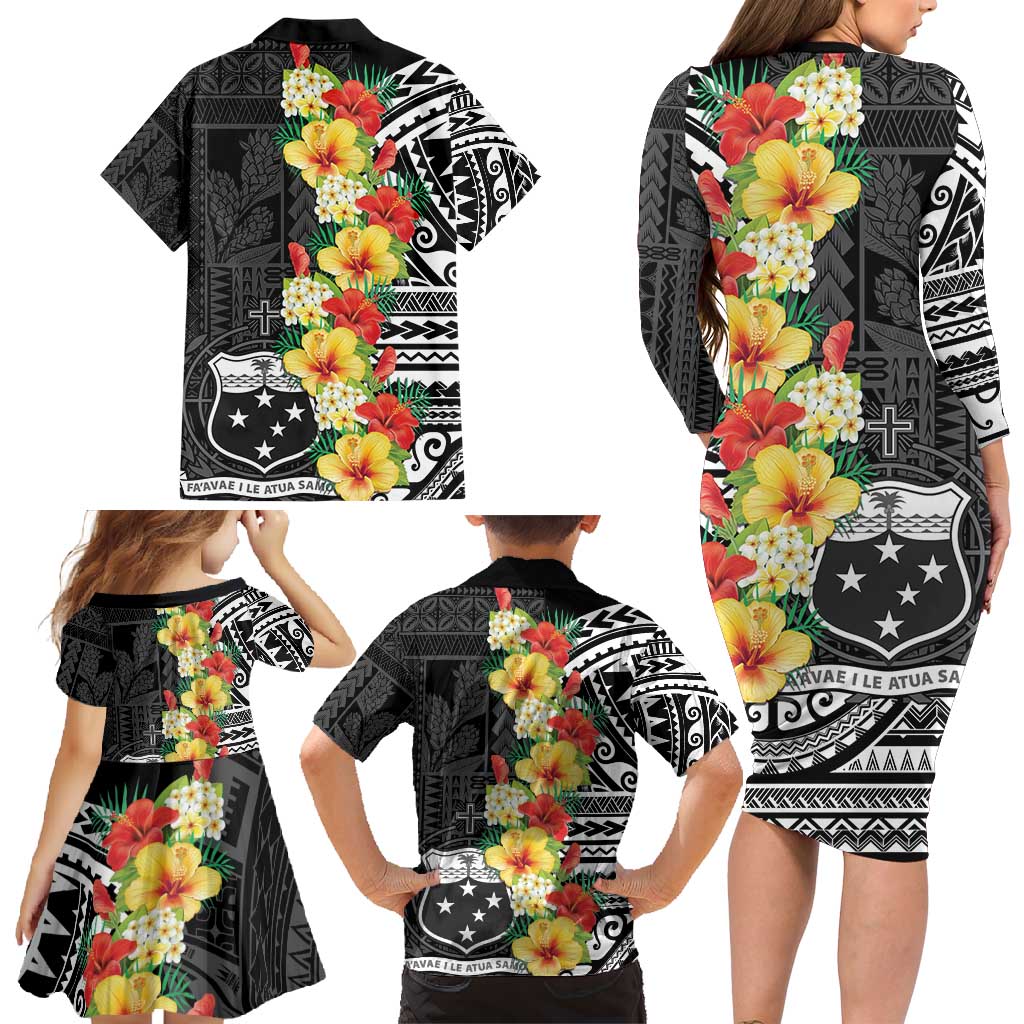 Samoa Tribal Hibiscus Flowers Family Matching Long Sleeve Bodycon Dress and Hawaiian Shirt LT9 - Polynesian Pride