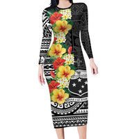 Samoa Tribal Hibiscus Flowers Family Matching Long Sleeve Bodycon Dress and Hawaiian Shirt LT9 Mom's Dress Black - Polynesian Pride