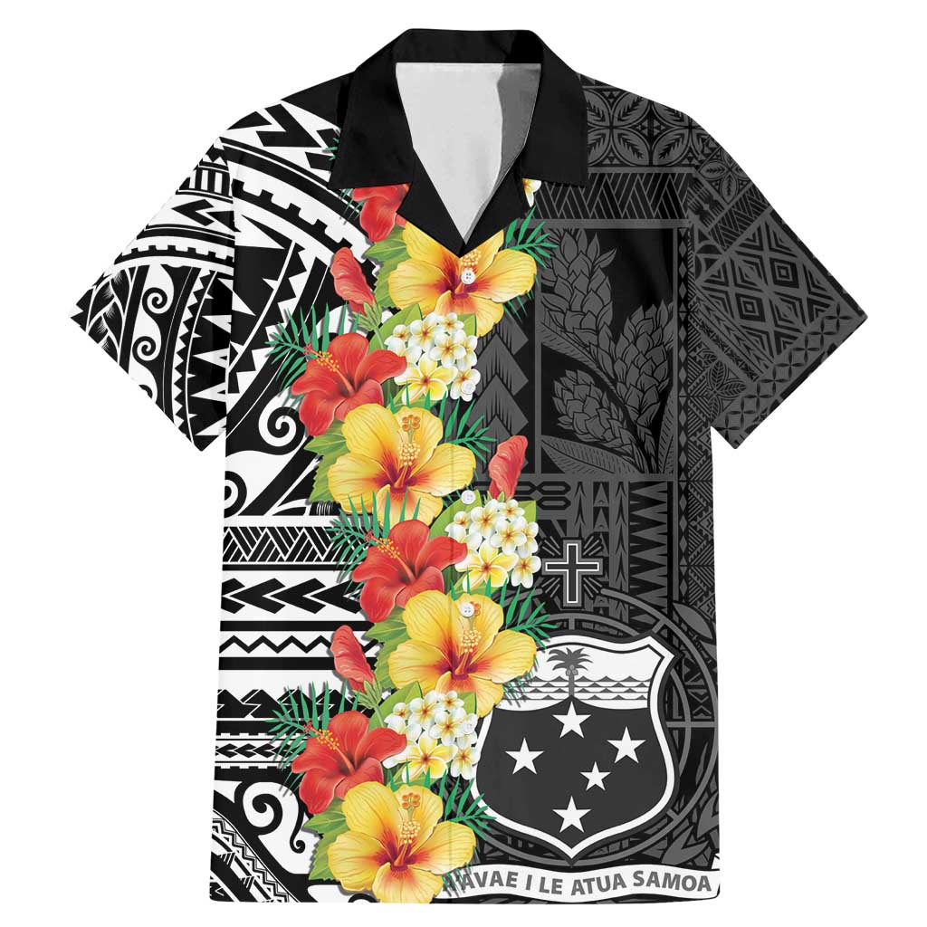 Samoa Tribal Hibiscus Flowers Family Matching Mermaid Dress and Hawaiian Shirt LT9 Dad's Shirt - Short Sleeve Black - Polynesian Pride