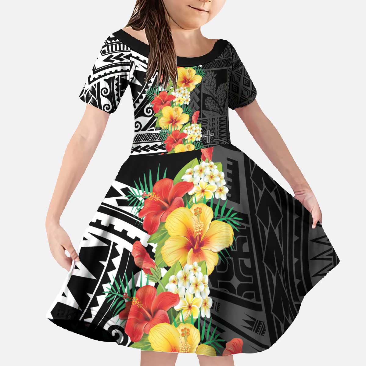 Samoa Tribal Hibiscus Flowers Family Matching Off The Shoulder Long Sleeve Dress and Hawaiian Shirt LT9 Daughter's Dress Black - Polynesian Pride