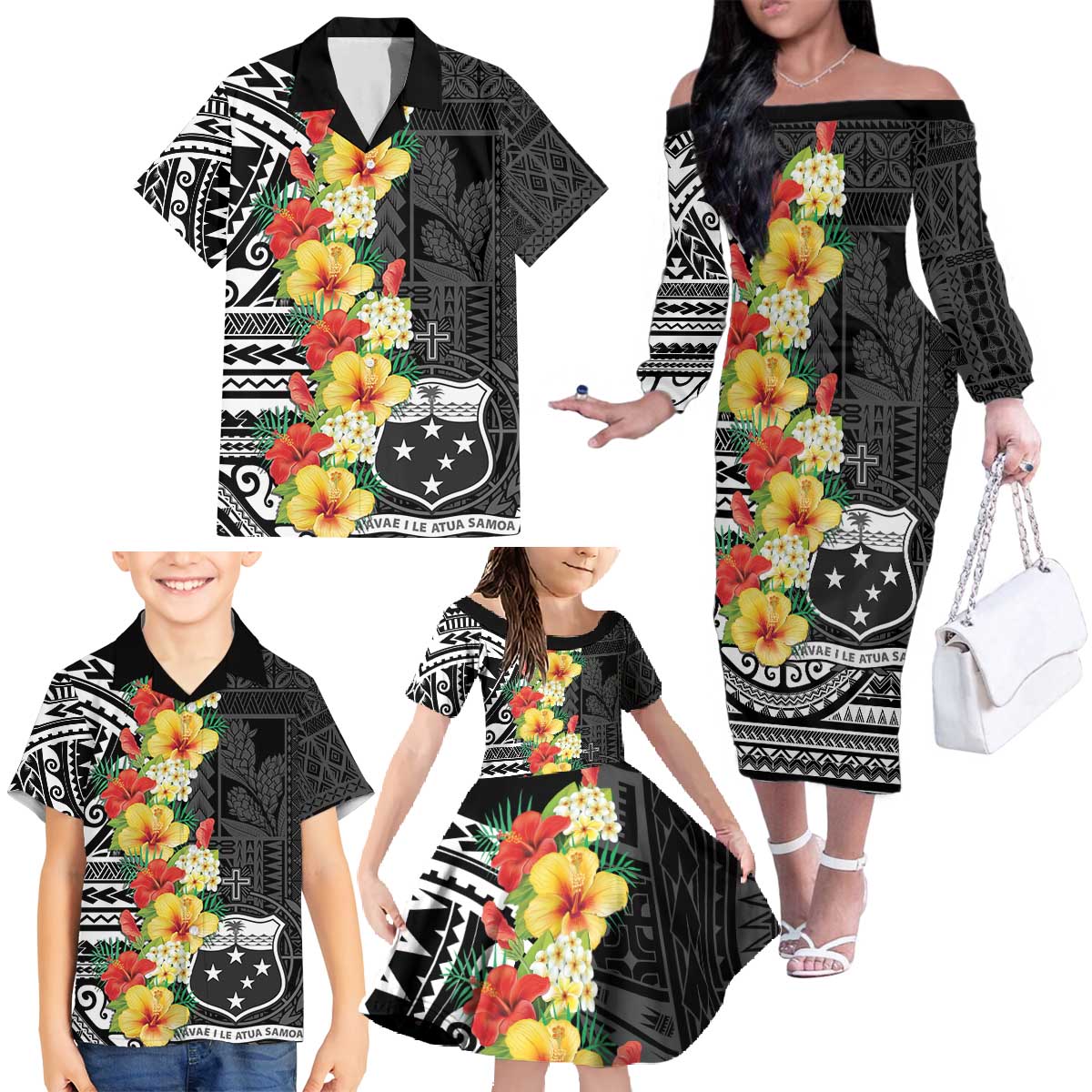 Samoa Tribal Hibiscus Flowers Family Matching Off The Shoulder Long Sleeve Dress and Hawaiian Shirt LT9 - Polynesian Pride