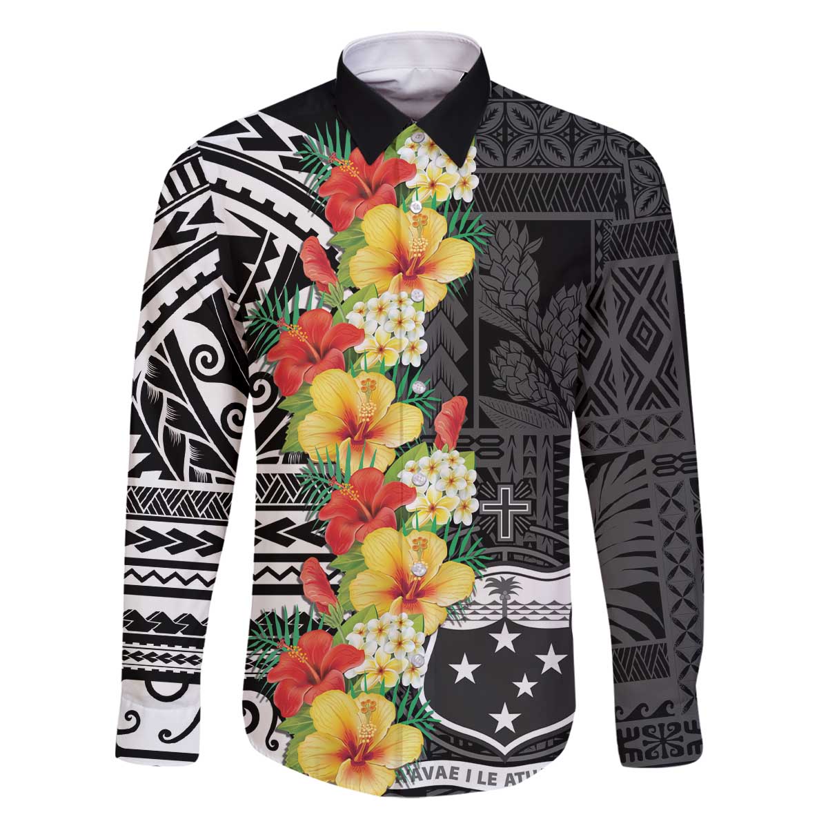 Samoa Tribal Hibiscus Flowers Family Matching Off The Shoulder Long Sleeve Dress and Hawaiian Shirt LT9 Dad's Shirt - Long Sleeve Black - Polynesian Pride