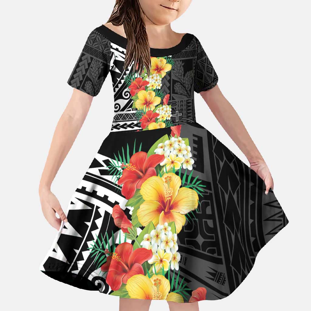 Samoa Tribal Hibiscus Flowers Family Matching Off Shoulder Maxi Dress and Hawaiian Shirt LT9 Daughter's Dress Black - Polynesian Pride