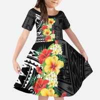 Samoa Tribal Hibiscus Flowers Family Matching Off Shoulder Maxi Dress and Hawaiian Shirt LT9 Daughter's Dress Black - Polynesian Pride