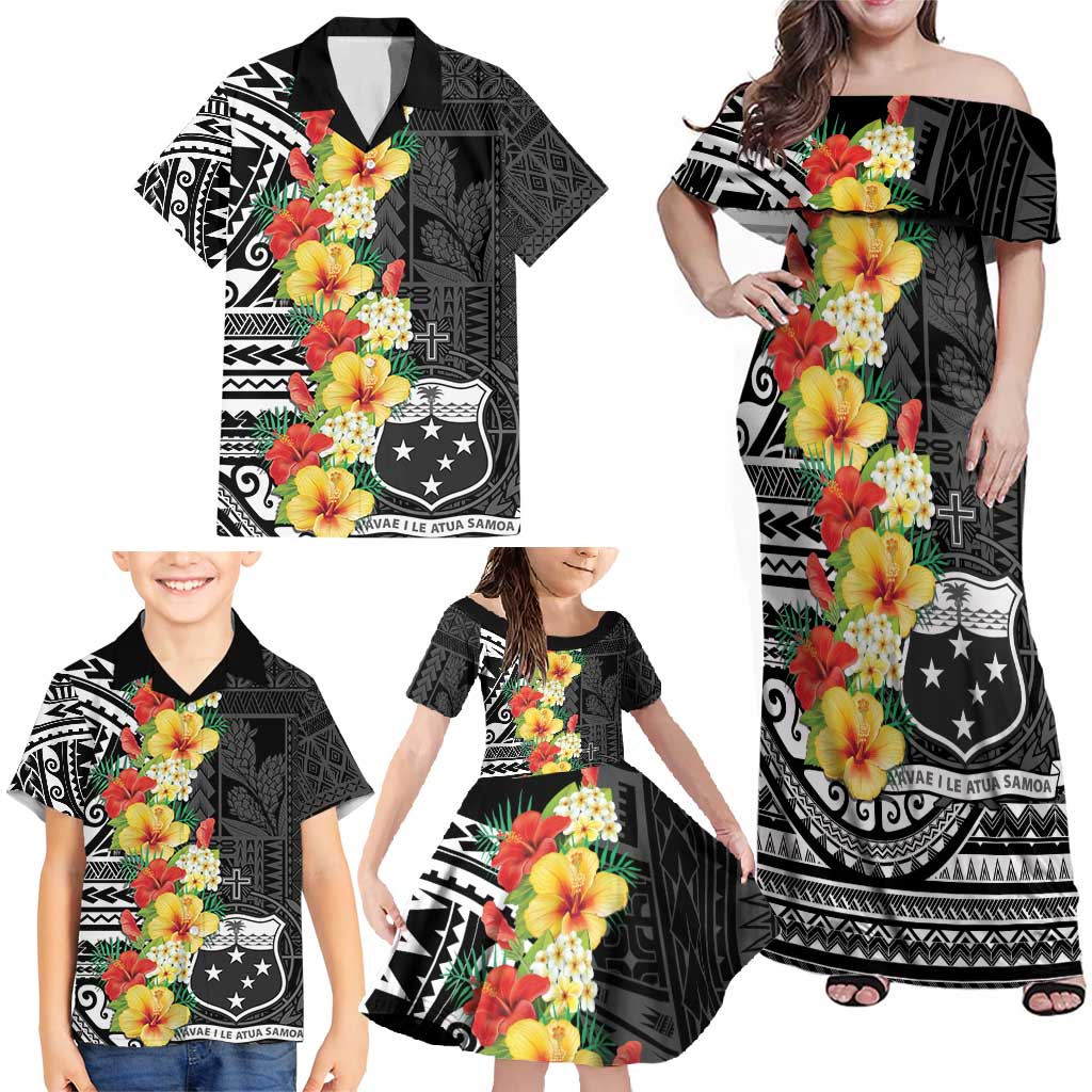 Samoa Tribal Hibiscus Flowers Family Matching Off Shoulder Maxi Dress and Hawaiian Shirt LT9 - Polynesian Pride