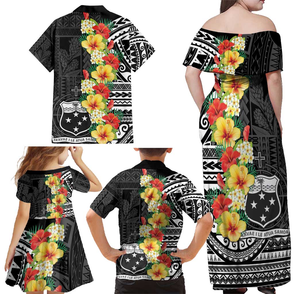 Samoa Tribal Hibiscus Flowers Family Matching Off Shoulder Maxi Dress and Hawaiian Shirt LT9 - Polynesian Pride