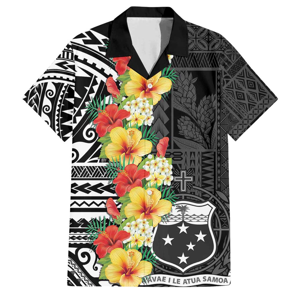 Samoa Tribal Hibiscus Flowers Family Matching Off Shoulder Maxi Dress and Hawaiian Shirt LT9 Dad's Shirt - Short Sleeve Black - Polynesian Pride