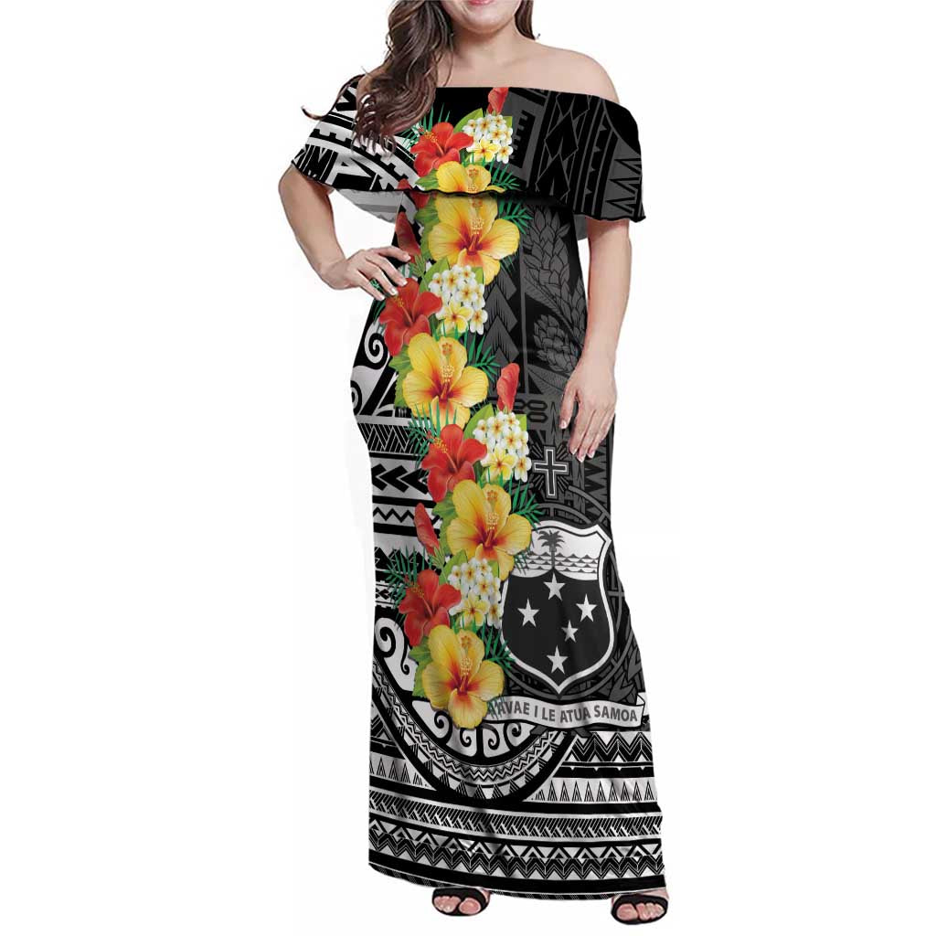 Samoa Tribal Hibiscus Flowers Family Matching Off Shoulder Maxi Dress and Hawaiian Shirt LT9 Mom's Dress Black - Polynesian Pride