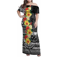 Samoa Tribal Hibiscus Flowers Family Matching Off Shoulder Maxi Dress and Hawaiian Shirt LT9 Mom's Dress Black - Polynesian Pride