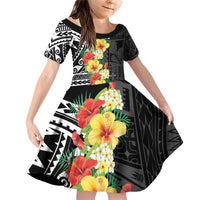 Samoa Tribal Hibiscus Flowers Family Matching Off Shoulder Short Dress and Hawaiian Shirt LT9 Daughter's Dress Black - Polynesian Pride