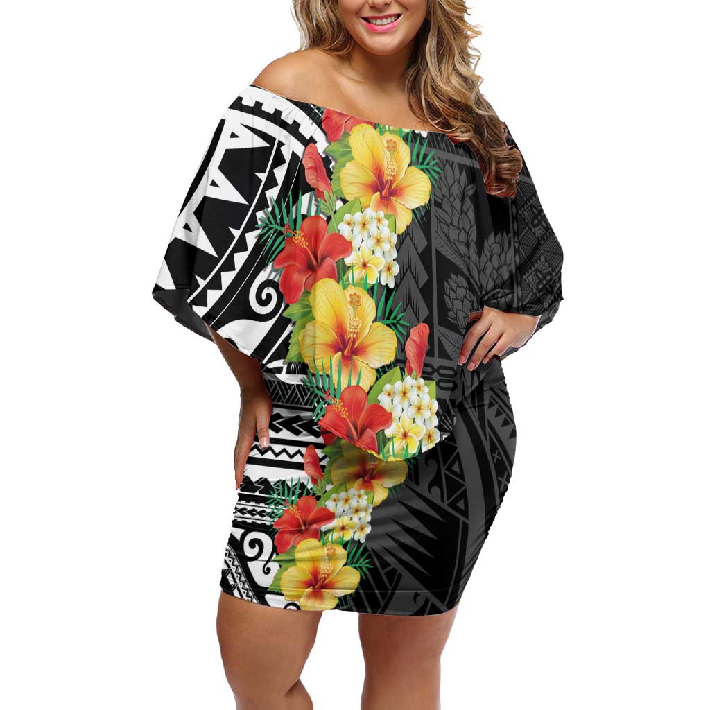 Samoa Tribal Hibiscus Flowers Family Matching Off Shoulder Short Dress and Hawaiian Shirt LT9 Mom's Dress Black - Polynesian Pride