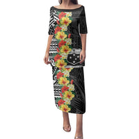 Samoa Tribal Hibiscus Flowers Family Matching Puletasi and Hawaiian Shirt LT9 Mom's Dress Black - Polynesian Pride