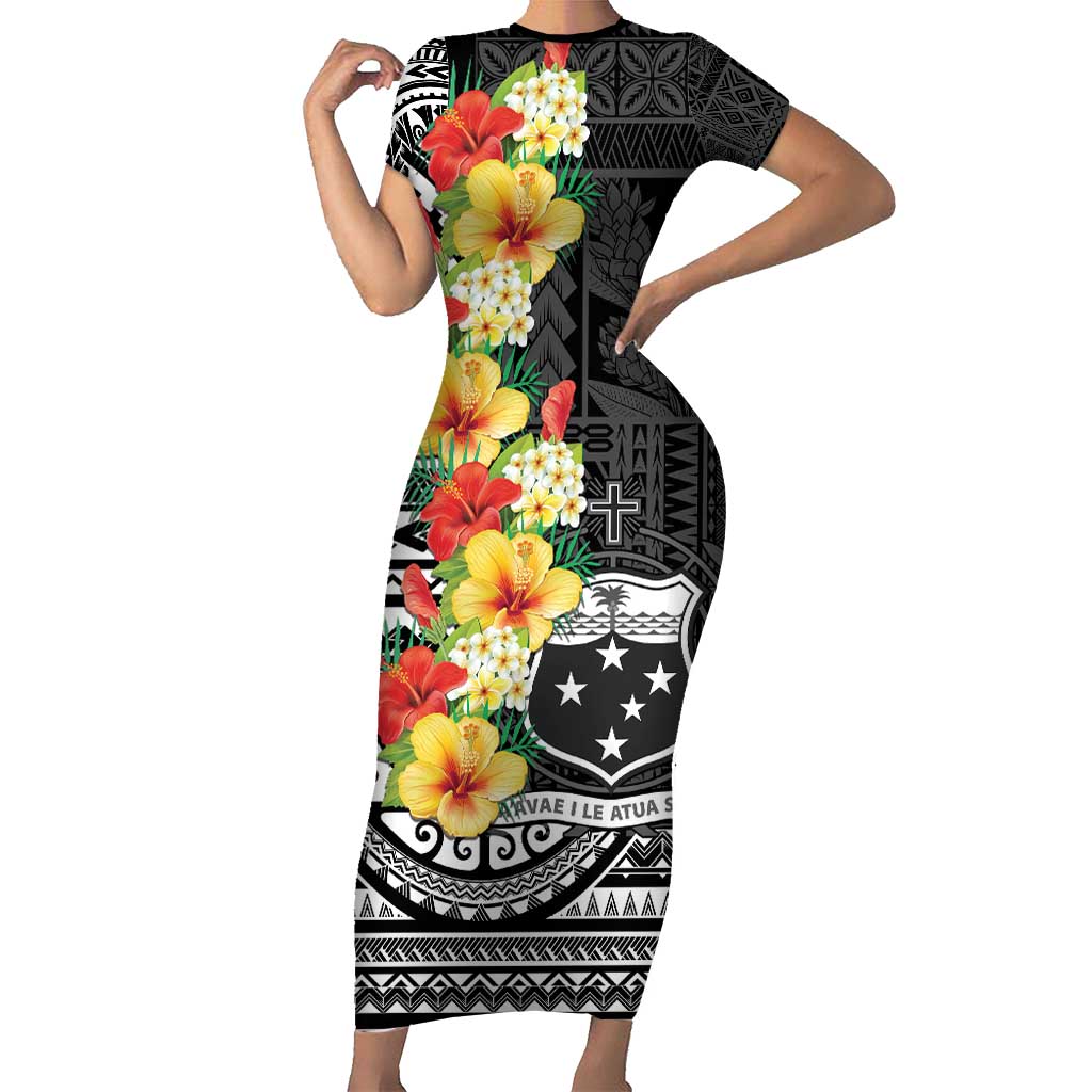 Samoa Tribal Hibiscus Flowers Family Matching Short Sleeve Bodycon Dress and Hawaiian Shirt LT9 Mom's Dress Black - Polynesian Pride