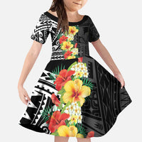 Samoa Tribal Hibiscus Flowers Family Matching Summer Maxi Dress and Hawaiian Shirt LT9 Daughter's Dress Black - Polynesian Pride