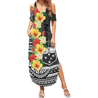 Samoa Tribal Hibiscus Flowers Family Matching Summer Maxi Dress and Hawaiian Shirt LT9 Mom's Dress Black - Polynesian Pride
