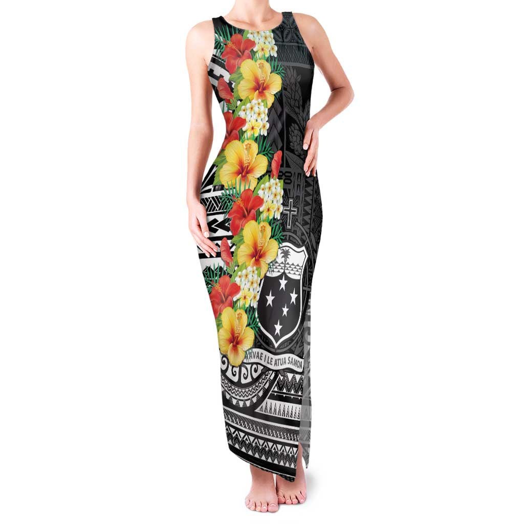 Samoa Tribal Hibiscus Flowers Family Matching Tank Maxi Dress and Hawaiian Shirt LT9 Mom's Dress Black - Polynesian Pride