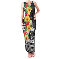 Samoa Tribal Hibiscus Flowers Family Matching Tank Maxi Dress and Hawaiian Shirt LT9 Mom's Dress Black - Polynesian Pride